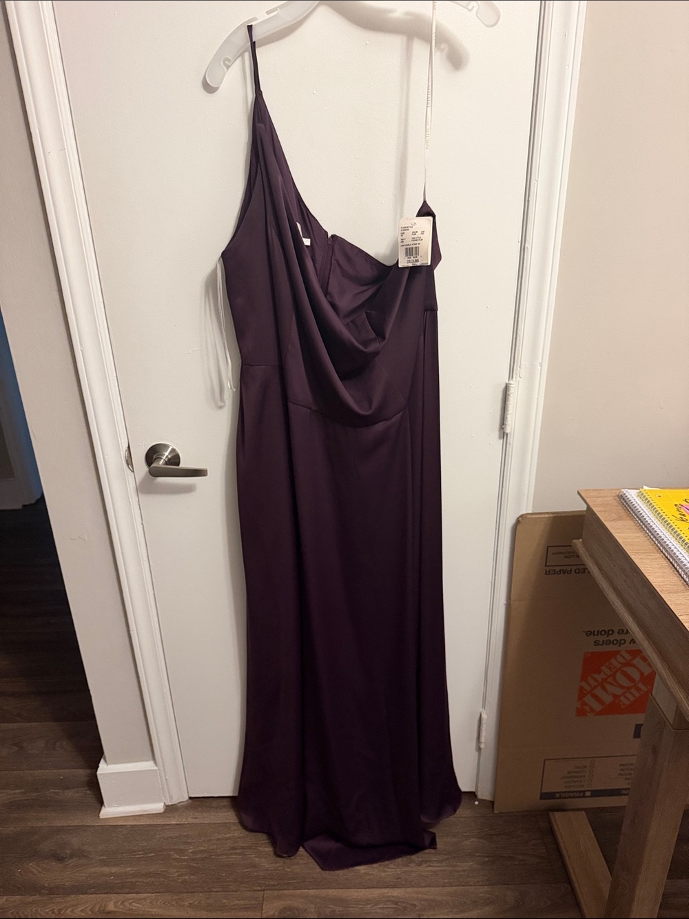 David's Bridal One-Shoulder Draped Satin Gown in Plum
